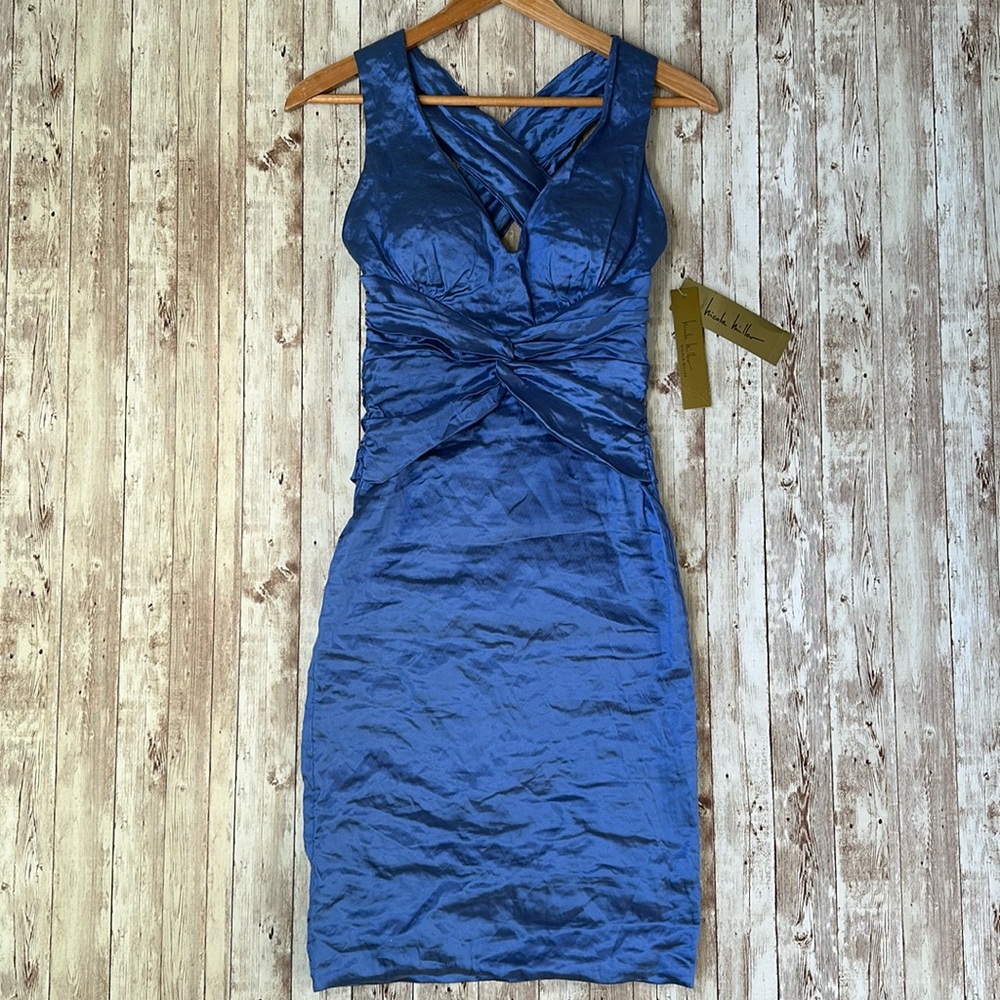 Nicole Miller Cocktail Dress sz 6 Womens Mini Blue Ruched V-Neck Sheath Metallic